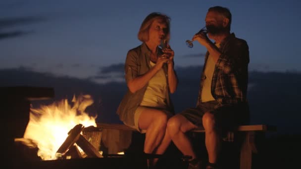 Couple sitting by the campfire — Stock Video