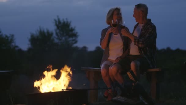 Paar sitzt am Lagerfeuer — Stockvideo