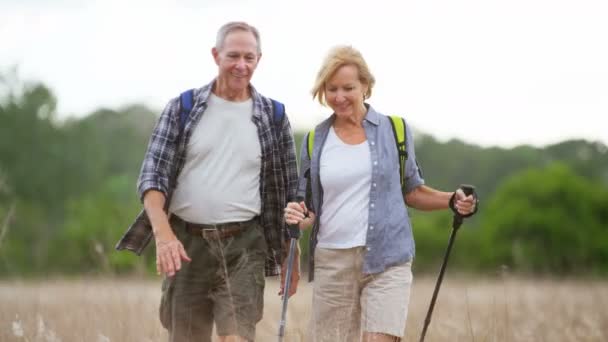 Senioren trainieren mit Nordic-Walking-Stöcken — Stockvideo