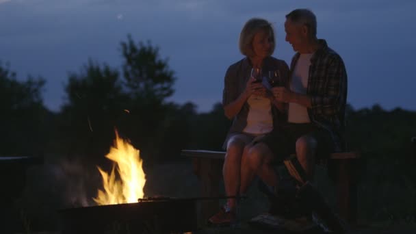Senioren entspannen am Lagerfeuer — Stockvideo