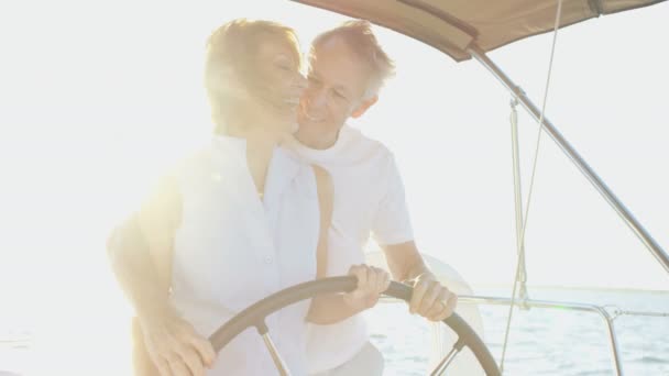 Couple at yacht on the ocean — Stock Video