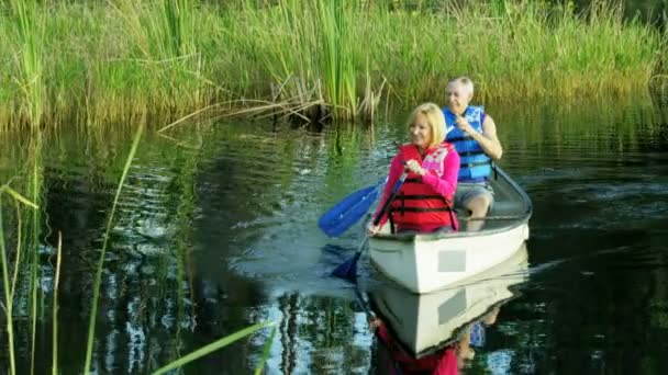 Paar paddelt auf dem See — Stockvideo