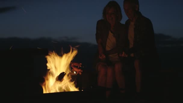 Couple regardant des saucisses sur un feu de camp — Video