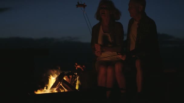 Aînés cuisiner des saucisses sur un feu de camp — Video
