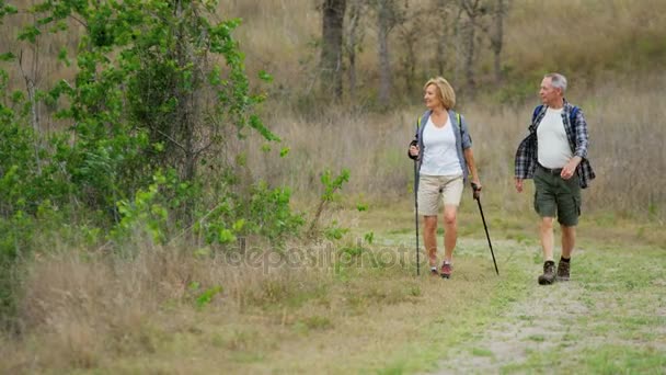 Senioren wandelen in het platteland — Stockvideo