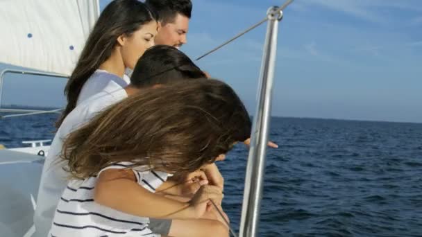 Family with children sailing on yacht — Stock Video