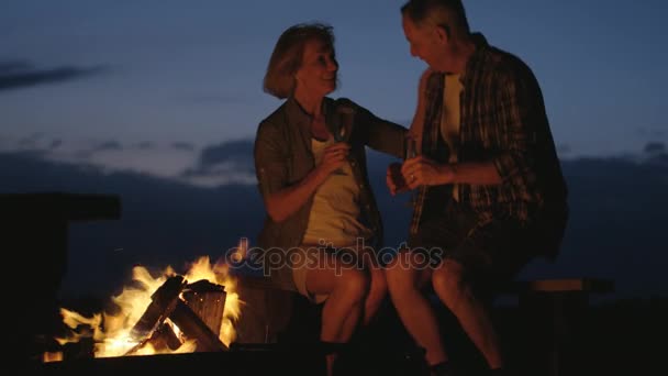 Casal sentado ao lado da fogueira — Vídeo de Stock