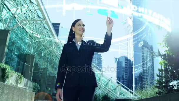 Businesswoman using virtual reality touch screen — Stock Video