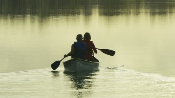 Пара, путешествующая на каяке по озеру — стоковое видео