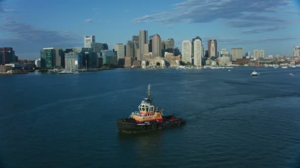 Boston Usa November 2017 Aerial View Rowes Wharf Tug Boat — Stock Video