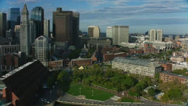 Aerial Overhead City View Quincy Market Old Building Faneuil Hall — Stock Video