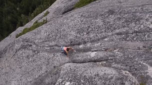 空中ドローン観白人アメリカ女性冒険登山家 Belaying 山岩スカーミッシュ谷カナダ Habrich — ストック動画