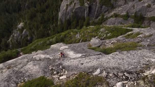 Aerial Caucasian American Female Adventure Climber Celebrating Achieving Success Raised — Stock Video