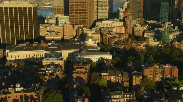 Aerial View Boston Gold Dome State House Financial District Historic — Stock Video