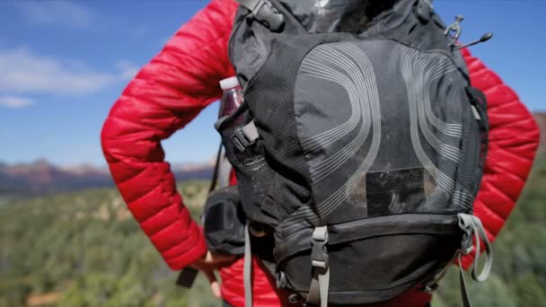 アクティブな白人アメリカ女性旅行トレッキング赤い砂岩ヴェルデバレー米国アリゾナ州彼女の野心を達成します — ストック動画