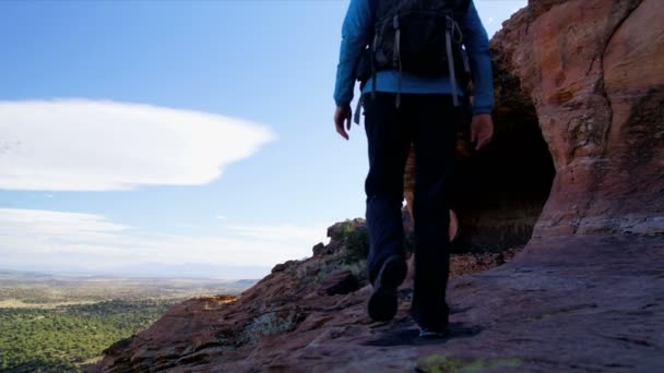 Fitness Caucásico Viajera Americana Con Mochila Aire Libre Verde Valley — Vídeos de Stock