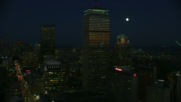 Boston Noviembre 2017 Vista Iluminada Nocturna Aérea Los Edificios Rascacielos — Vídeo de stock