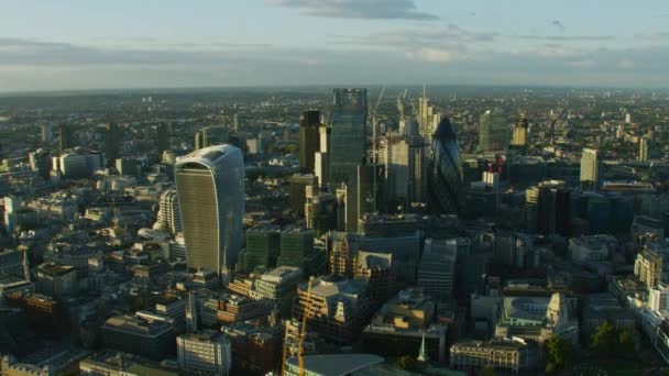 Londen November 2017 Zonsondergang Luchtfoto Londense Financiële Wijk Skyline Moderne — Stockvideo