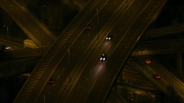 Aerial View Night Commuter Traffic Vehicle Lights Travelling Motorway Multi — Stock Video