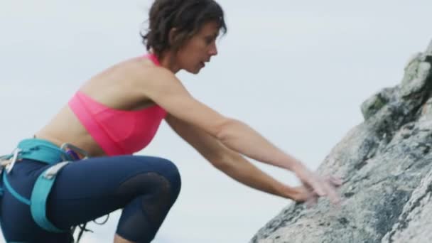 Jovem Caucasiano Ativo Americano Feminino Canadense Alpinista Atingindo Seu Objetivo — Vídeo de Stock