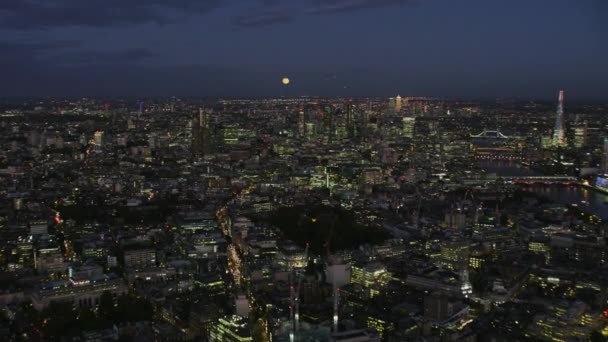 Aerial View Night Illuminated Skyscrapers Commercial Residential Buildings River Thames — Stock Video