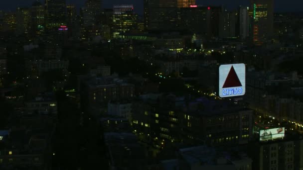 Boston Usa November 2017 Aerial Illuminated Night Neon Sign Downtown — Stock Video
