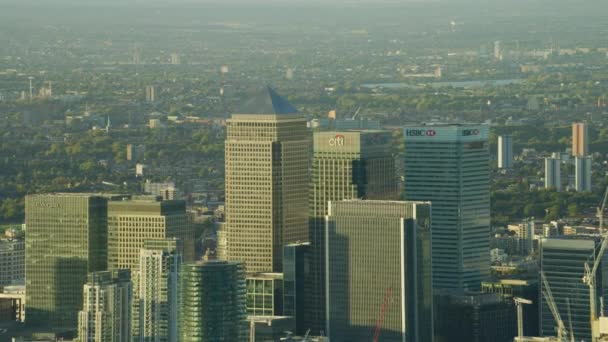 Londen November 2017 Zonsondergang Luchtfoto Canary Wharf Financiële Wijk Skyline — Stockvideo