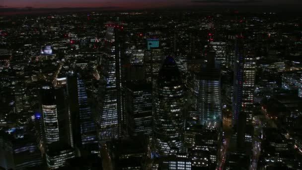 Widok Lotu Ptaka Nocy Dzielnicy Finansowej Panoramę Miasta Lampy Nowoczesne — Wideo stockowe