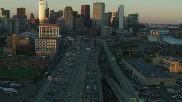 Boston Eua Novembro 2017 Vista Iluminada Pôr Sol Aéreo Veículo — Vídeo de Stock