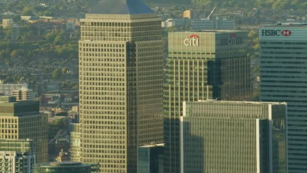 Londen November 2017 Zonsondergang Luchtfoto Canary Wharf Financiële Wijk Skyline — Stockvideo