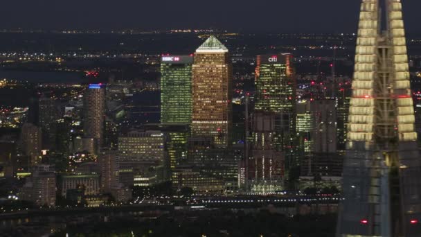 London November 2017 Légifelvételek Éjszaka London Pénzügyi Negyedében Skyline Megvilágított — Stock videók