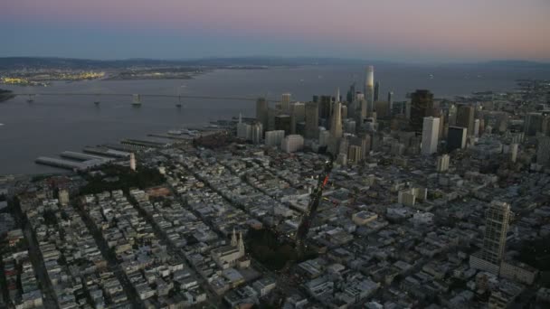 Aerial Waterfront Illuminated View Port San Francisco Oakland Bay Bridge — Stock Video