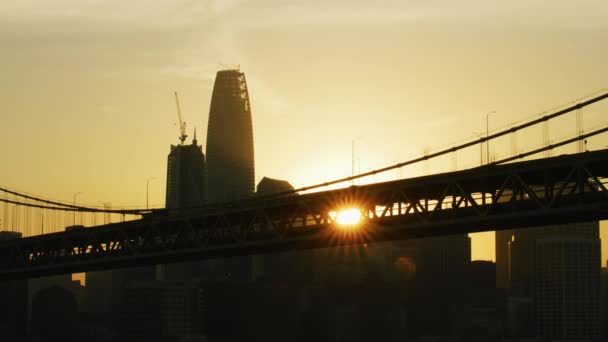 Lotnicze Miasto Zachód Słońca Widok Bay Bridge Salesforce Tower Wieżowiec — Wideo stockowe