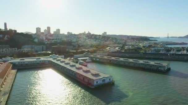 Hava Şehir Manzaralı Telegraph Hill Coit Tower Embarcadero Bölgesinin Golden — Stok video