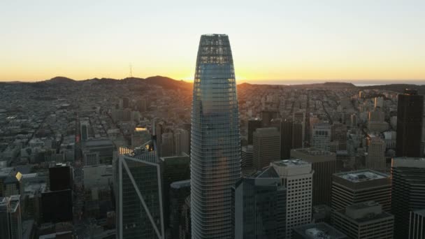 Vista Aérea Atardecer Nueva Tecnología Del Centro Salesforce Torre Azotea — Vídeos de Stock