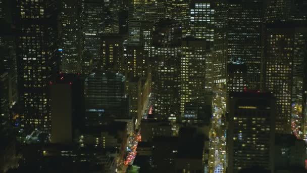 Aerial Night Illuminated View Downtown City Vehicle Roads Rooftop Buildings — Stock Video