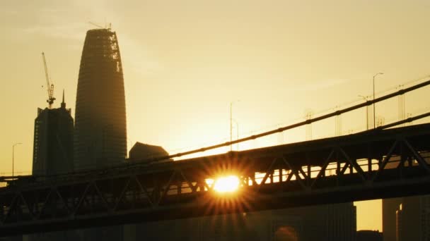 Aerial Sunset City View Bay Bridge Salesforce Tower Skyscraper Construction — Stock Video