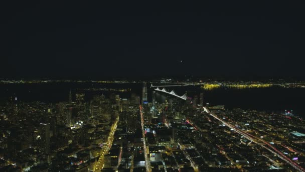 Noite Aérea Iluminada Vista Cityscape San Francisco Centro Cidade Luzes — Vídeo de Stock