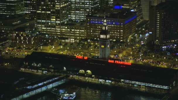 Aerial Waterfront Port San Francisco Natten Upplyst Syn Embarcadero Centrala — Stockvideo