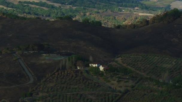 Veduta Aerea Californiano Bruciato Bruciato Terra Valle Collina Agricoltura Vigneti — Video Stock