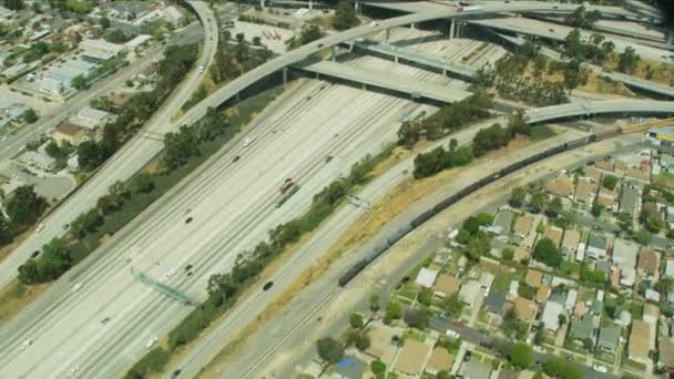 Luchtfoto Van Los Angeles Staat Freeway Voertuig Verkeer Kruispunt Multi — Stockvideo