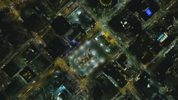 Aerial Overhead Vertical Night Illuminated View Downtown City Vehicle Roads — Stock Video