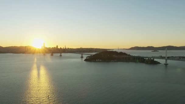 Aerial Sunset Ocean Bay View Oakland Bay Road Suspension Bridge — Stock Video