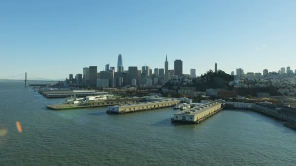 Aerial City View Embarcadero District Waterfront Ferry Piers Downtown Skyscrapers — Stock Video