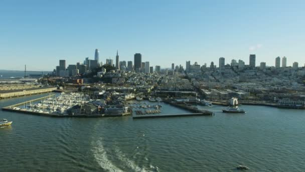 Aerial City Waterfront View Telegraph Hill Embarcadero District Bay Bridge — Stock Video