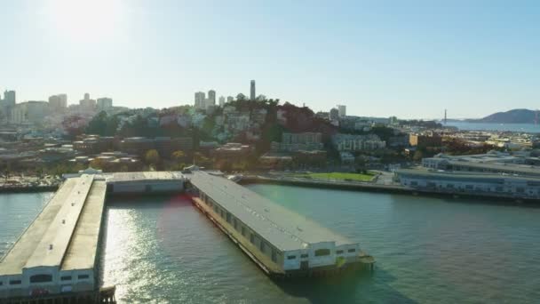Aerial City Waterfront Solen Flare Syn Telegraph Hill Coit Tower — Stockvideo