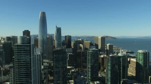Aerial Solljus Havsutsikt Salesforce Teknik Tower Downtown San Francisco Skyskrapor — Stockvideo