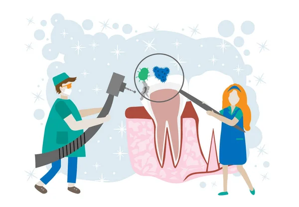 Concepto de vector de caries para la landing page del dentista. Los dentistas pequeños ayudan al dolor de muelas, tratan la pulpitis, para blanquear el esmalte o el implante de recuperación. Mes Nacional de Higiene Dental — Archivo Imágenes Vectoriales