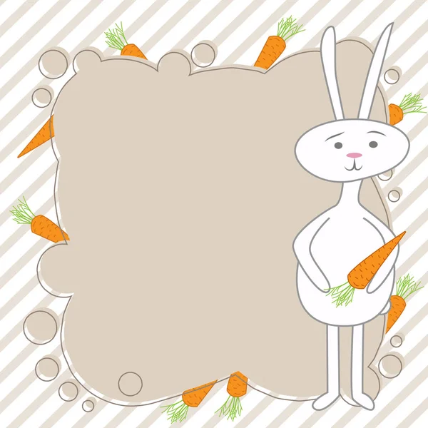 Векторный кадр для текста с символом кролика. Детская иллюстрация мультяшного кролика с рамкой для текста и морковью — стоковый вектор