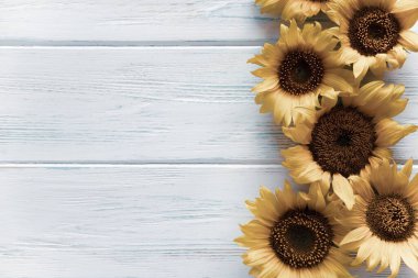 Ahşap bir zemin üzerinde ayçiçeği çiçekleri olan ve bir yazı için yeri olan bir arka plan. Ayçiçekli arkaplan